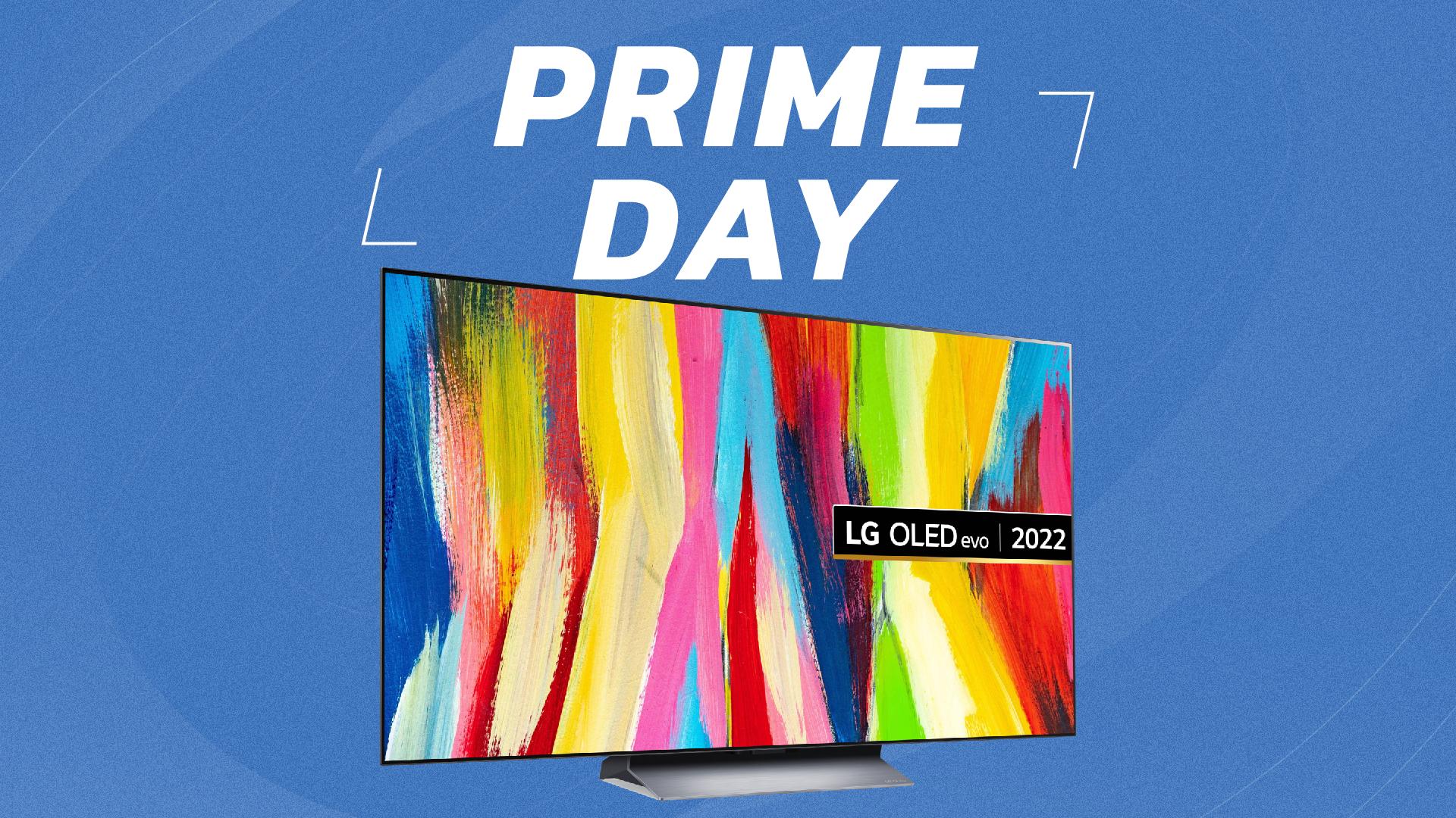 LG C2 OLED TV on blue background with "Prime Day" lettering