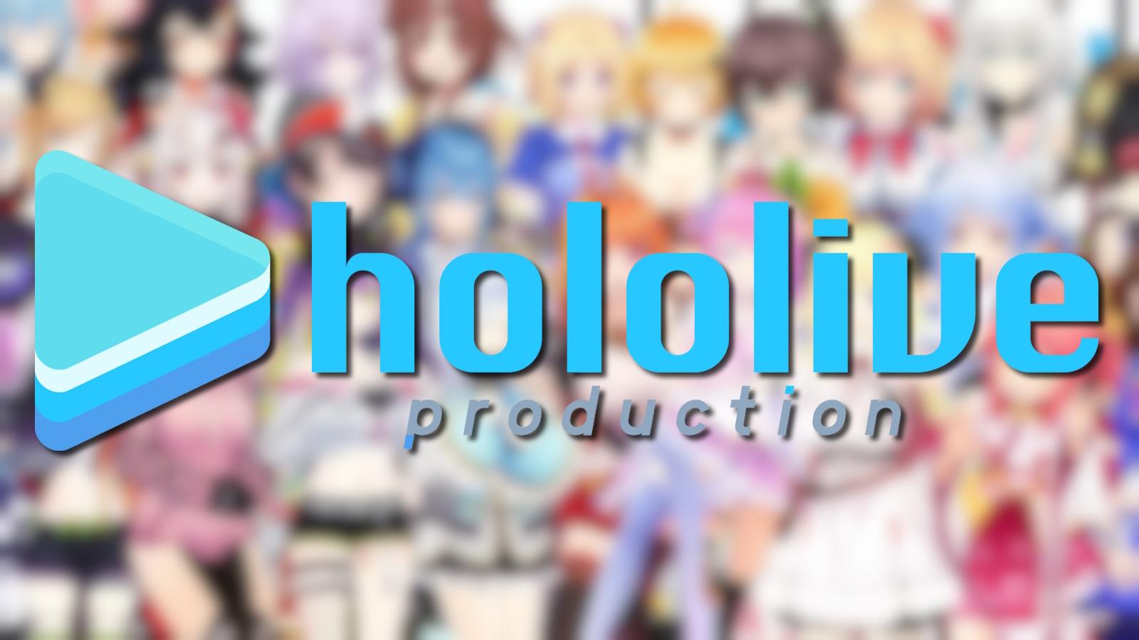 Blurred image of various Hololive Japan members with company logo in foreground.