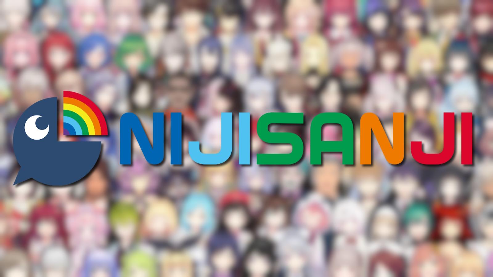 Nijisanji members blurred in background with agency logo in foreground.