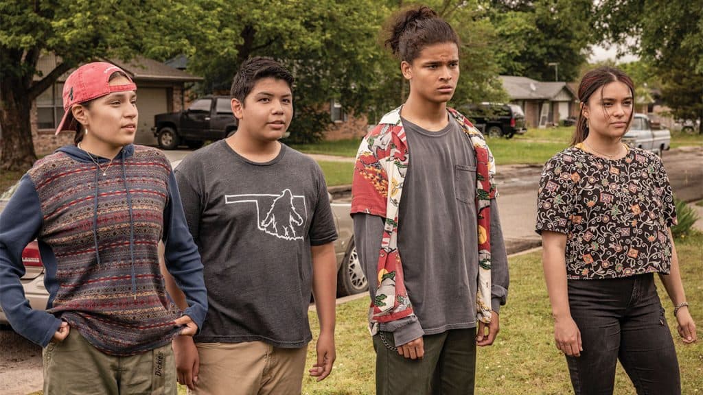 Devery Jacobs as Elora Danan, D’Pharaoh Woon-A-Tai as Bear Smallhill, Paulina Alexis as Willie Jack, and Lane Factor as Cheese in Reservation Dogs