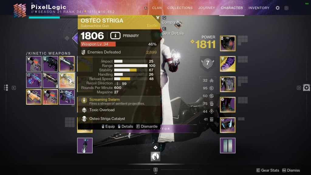 Destiny 2 character screen showing the Osteo Striga