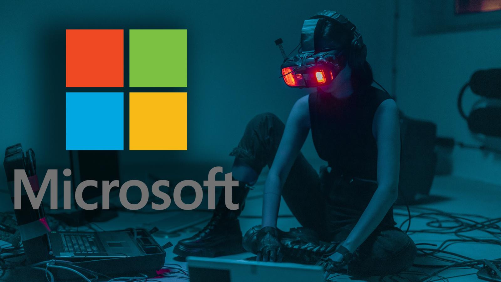 Microsoft logo next to a stock image of a hacker wearing a headset