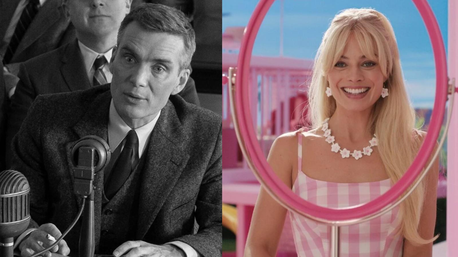 A close up of Margot Robbie as Barbie and Cillian Murphy as Oppenheimer