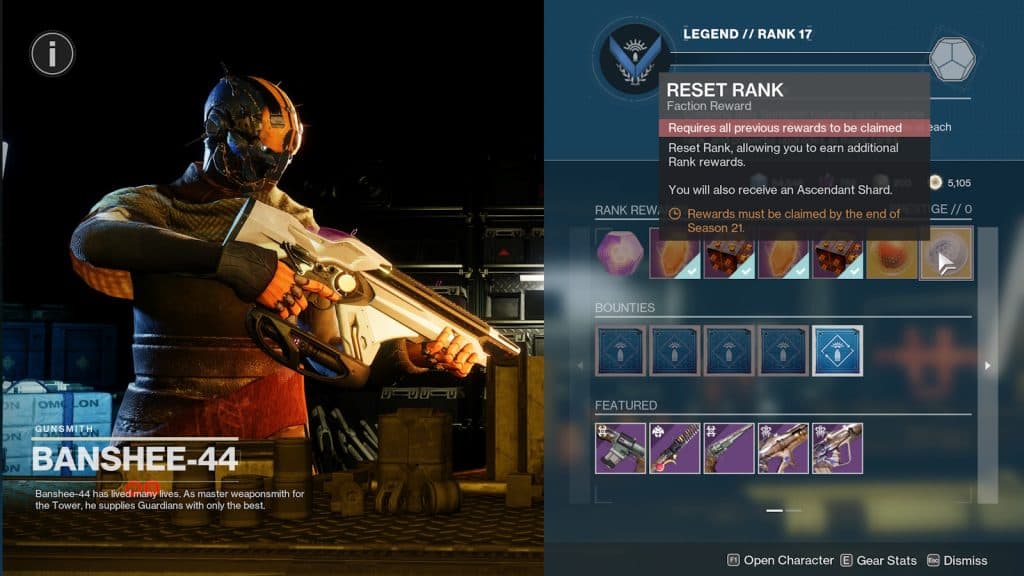 Banshee-44 Vendor interface from Destiny 2 with prestige option highlighted.