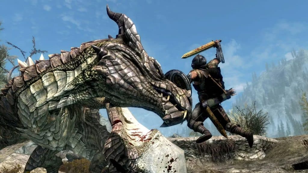 skyrim character attacking dragon with sword