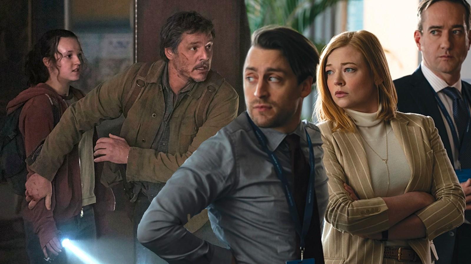 Bella Ramsey and Pedro Pascal in The Last of Us, and Sarah Snook, Kieran Culkin, and Matthew Macfadyen in Succession