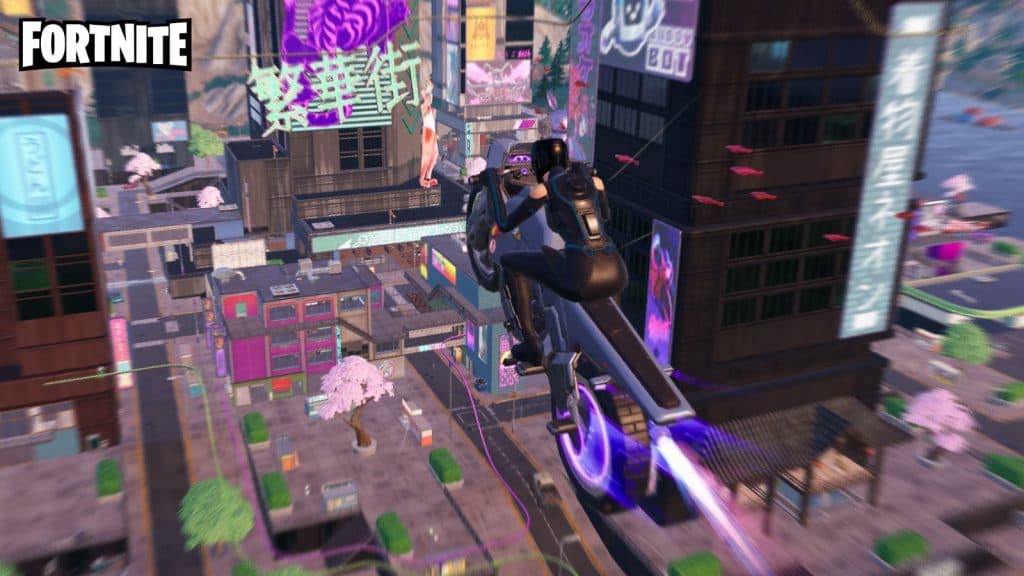Rogue Bike flying towards Mega City in Fortnite