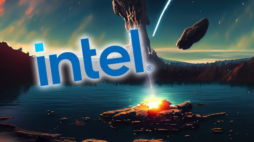 INtel logo over a meteor hitting a lake, ai generated
