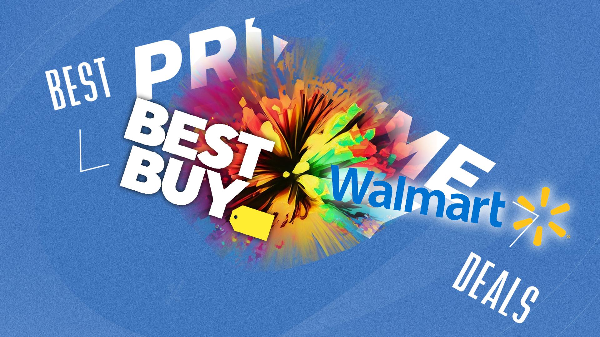 Prime Day deals exploding with the best buy and walmart logos bursting out of it