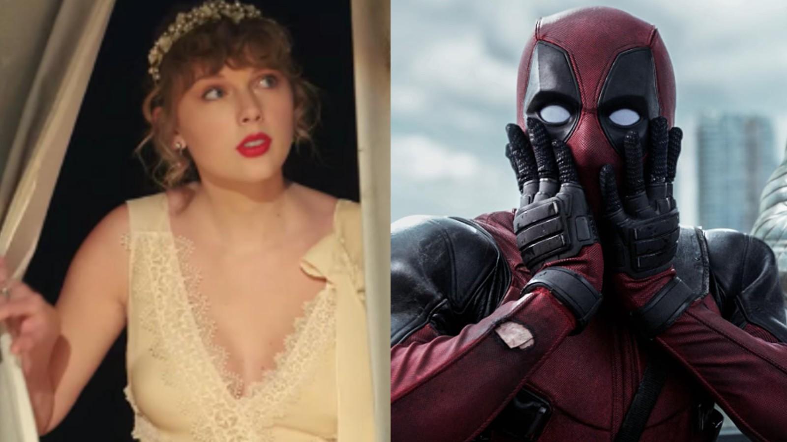 A close up of Taylor Swift and Deadpool