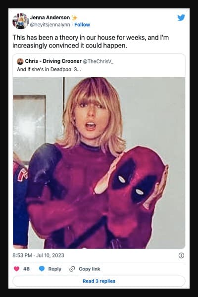 A tweet showing Taylor Swift dressed as Deadpool