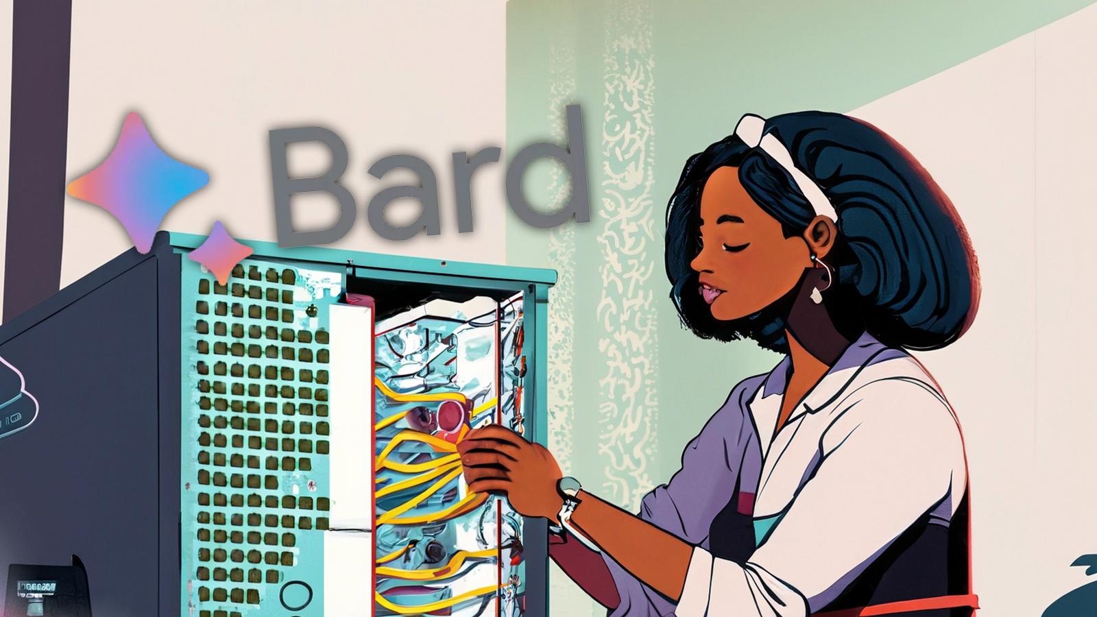 Google Bard logo above an ai generated image of a woman fixing a computer