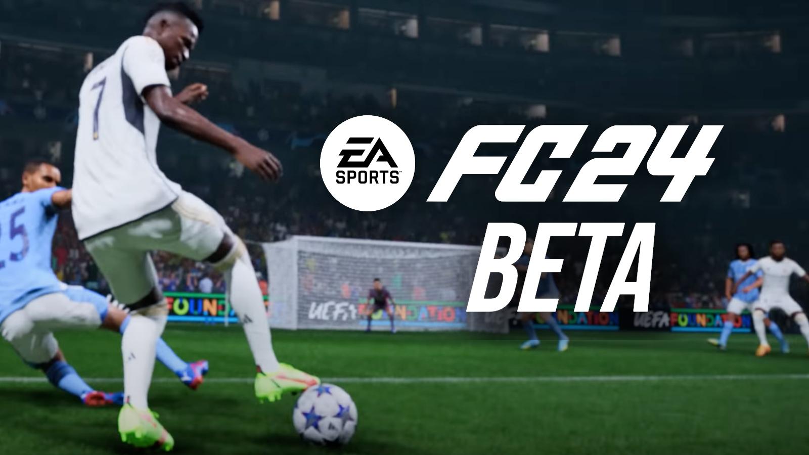 screenshot of Vini Jr in EA SPORTS FC 24 with a logo and 'Beta' next to it