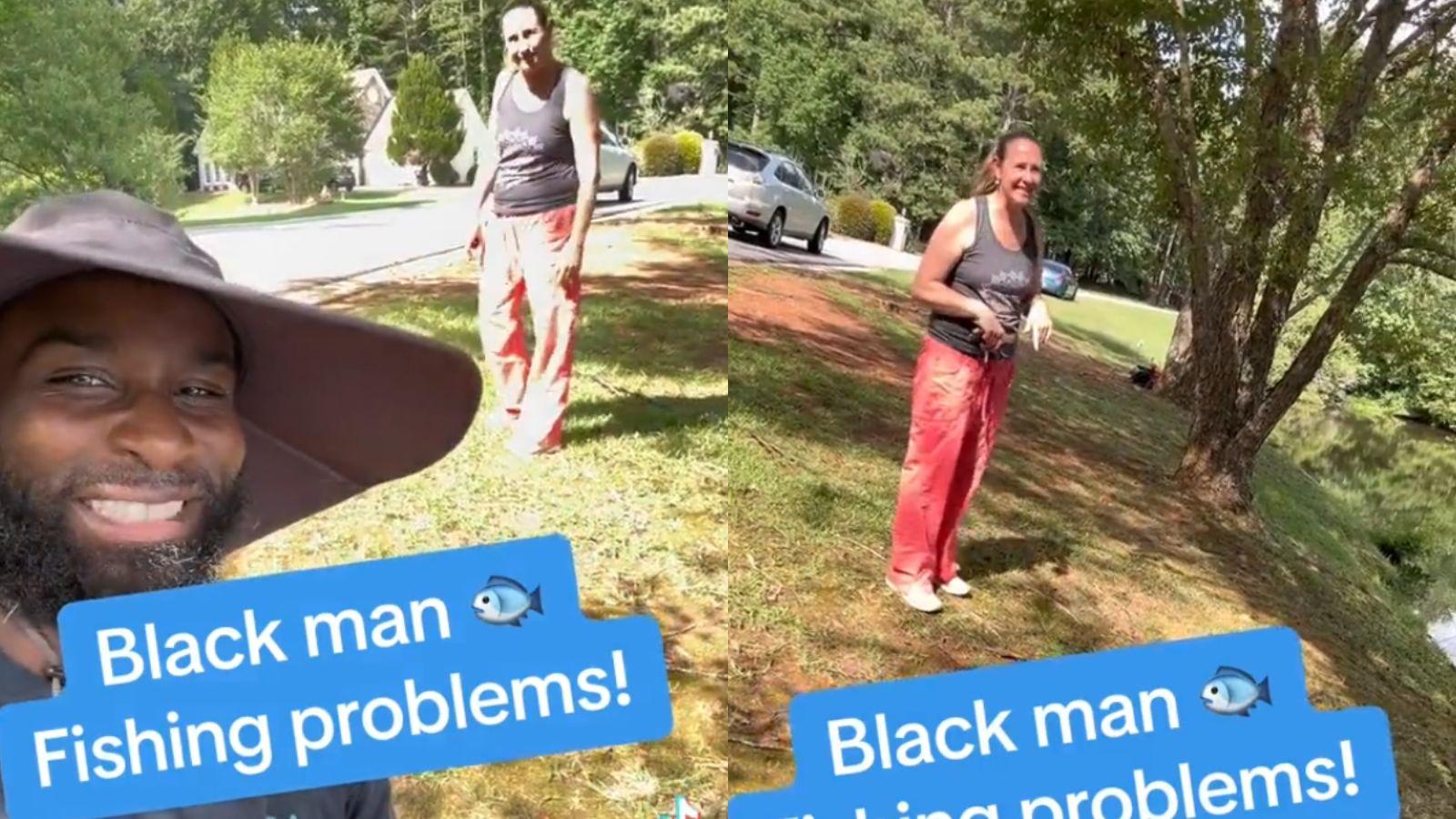 woman confronting a black fisherman in a tiktok video