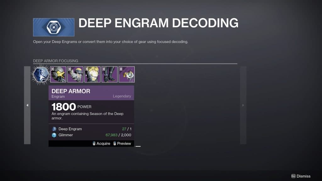 Deep Engram armor focusing in the HELM on Destiny 2.