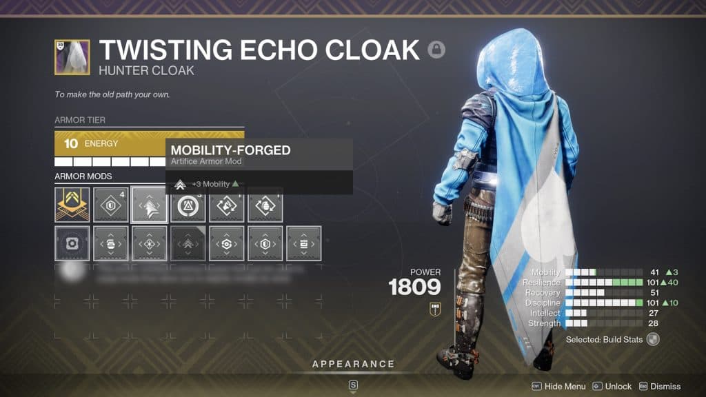 Artifice Hunter Cloak with extra +3 Mobility to reach higher tier in Destiny 2.