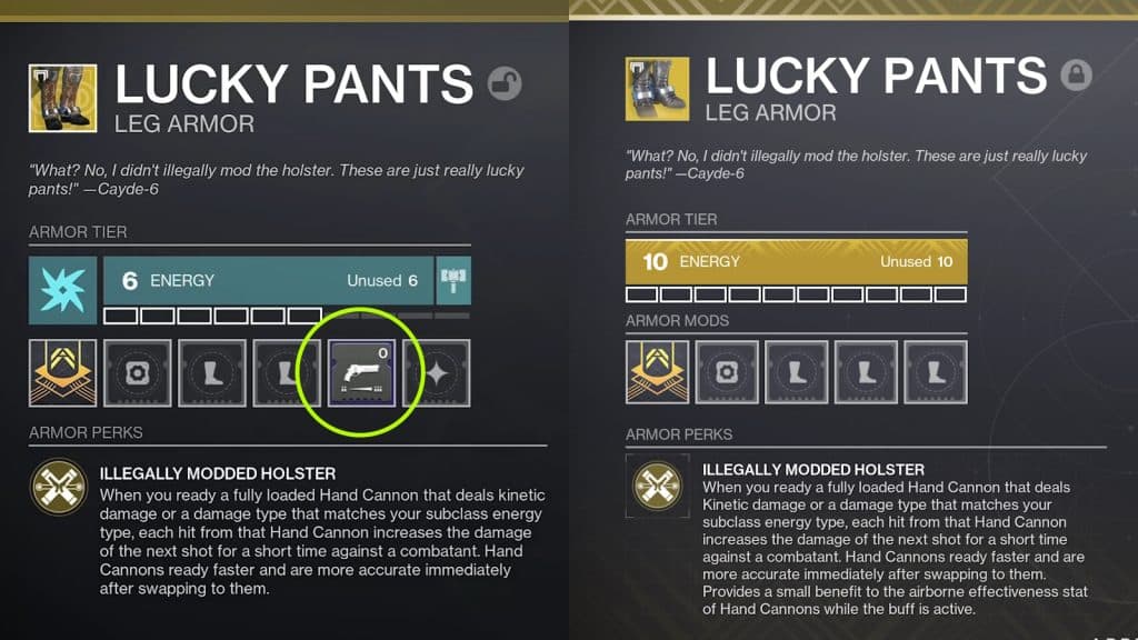 Comparison between Lucky Pants Armor Mods and Holster Mod Slot before and after Lightfall nerf in Destiny 2.