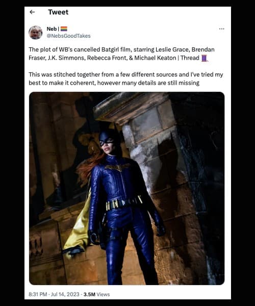 A tweet detailing Batgirl's plot