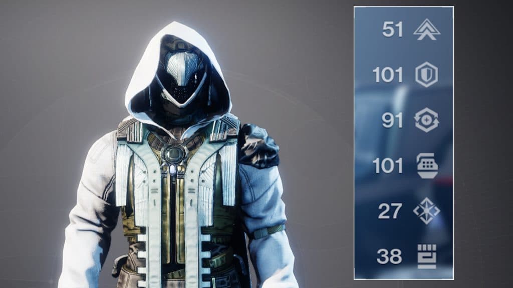 Destiny 2 Hunter wearing high stat armor with two stats at 100 and another over 90.