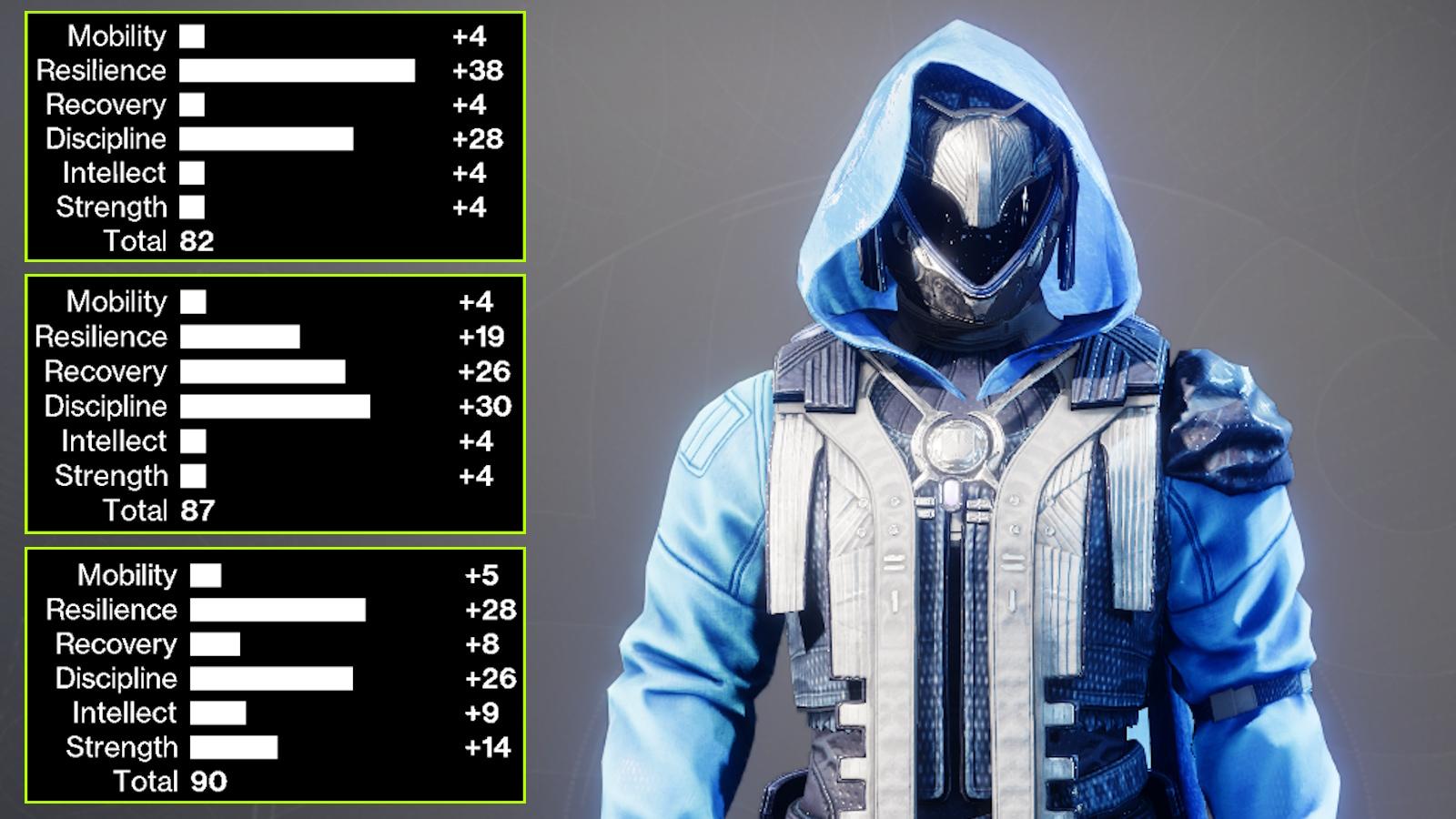 Hunter guardian wearing Season of Defiance armor set with high armor stats rolls on left side in destiny 2.