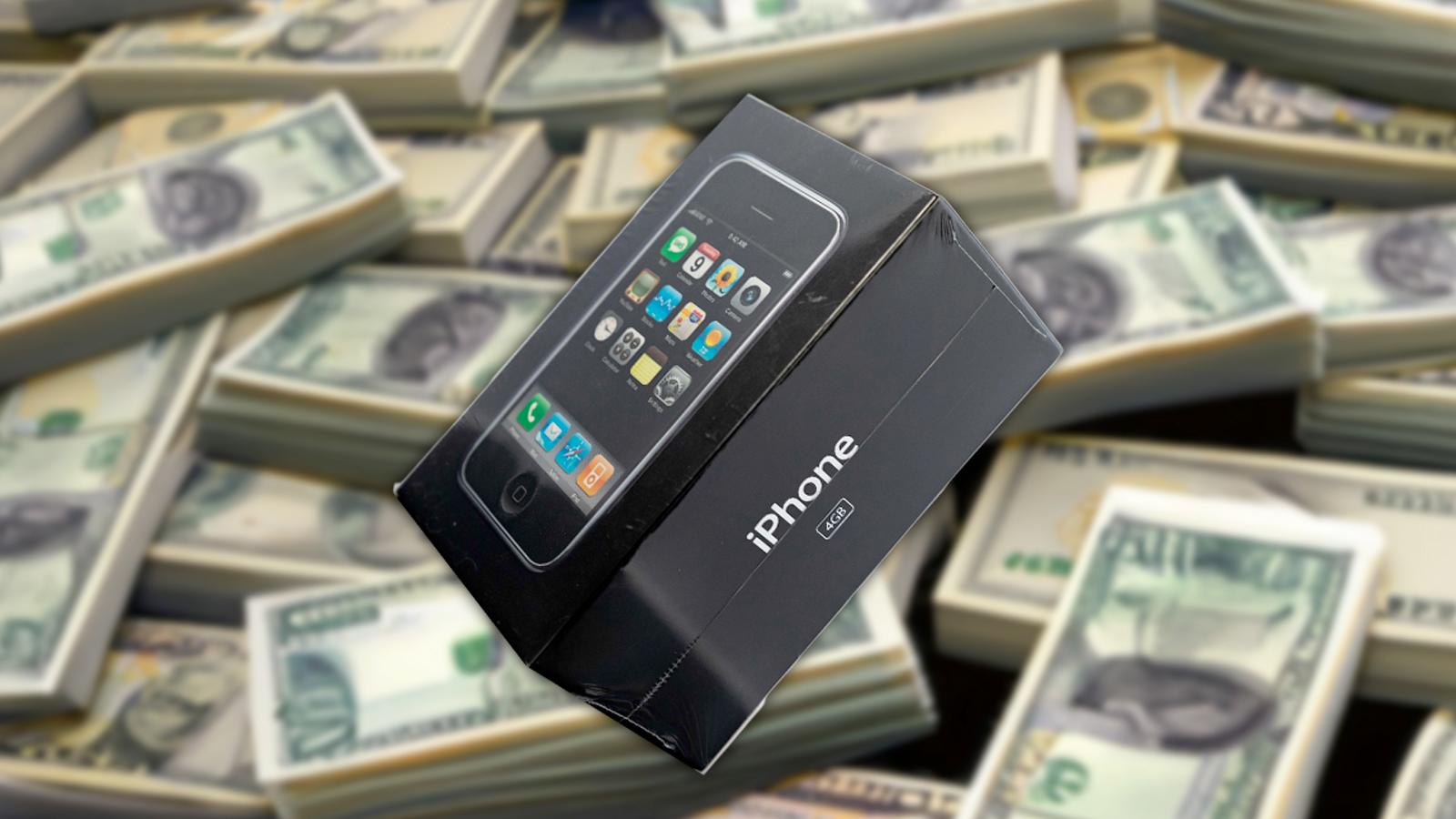 Original iPhone in front of a pile of money generated in AI