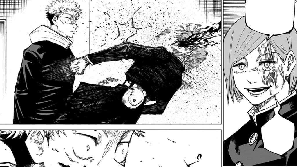 A panel from JJK manga featuring Nobara's defeat