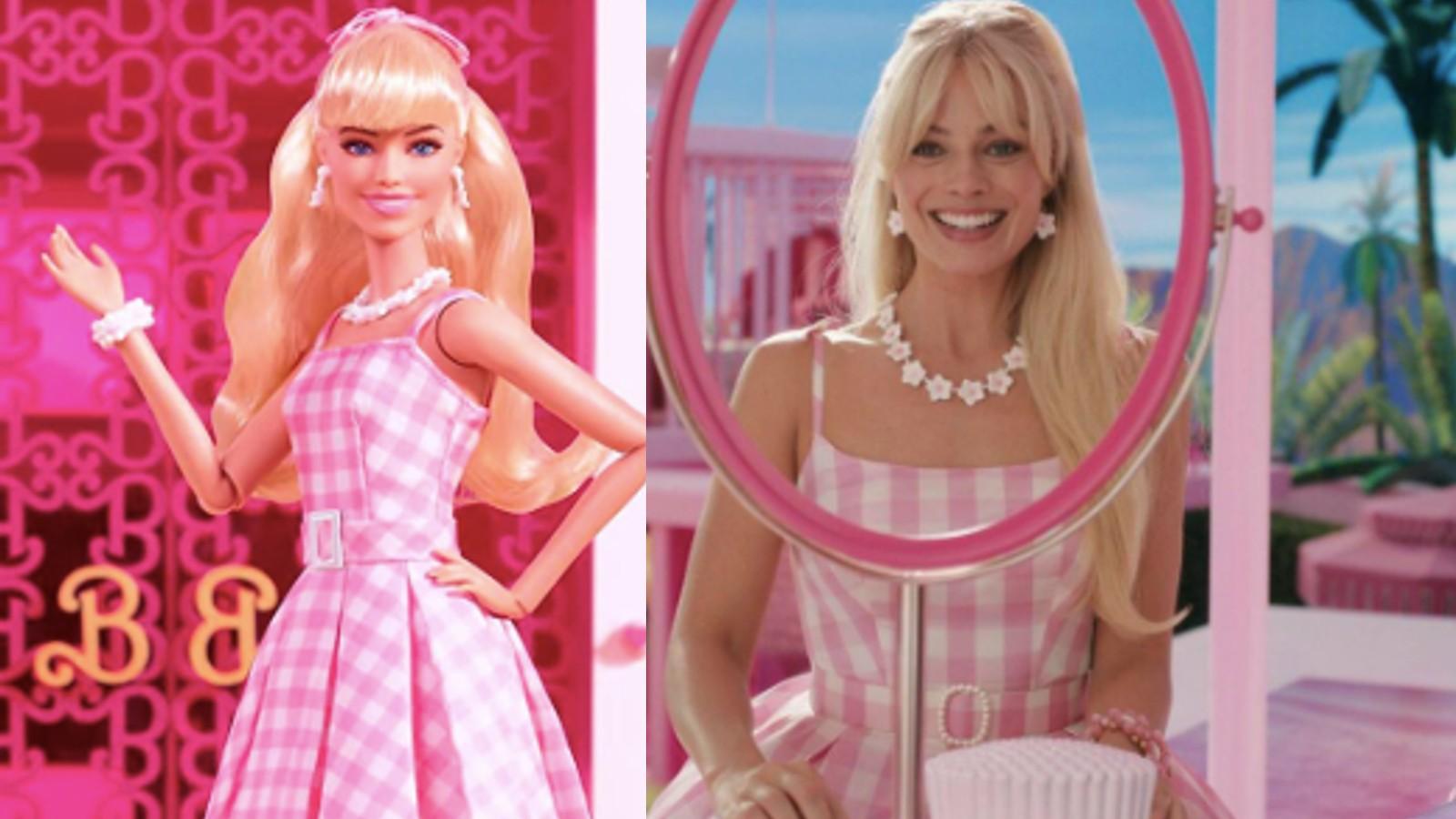 A Barbie doll and Margot Robbie as Barbie