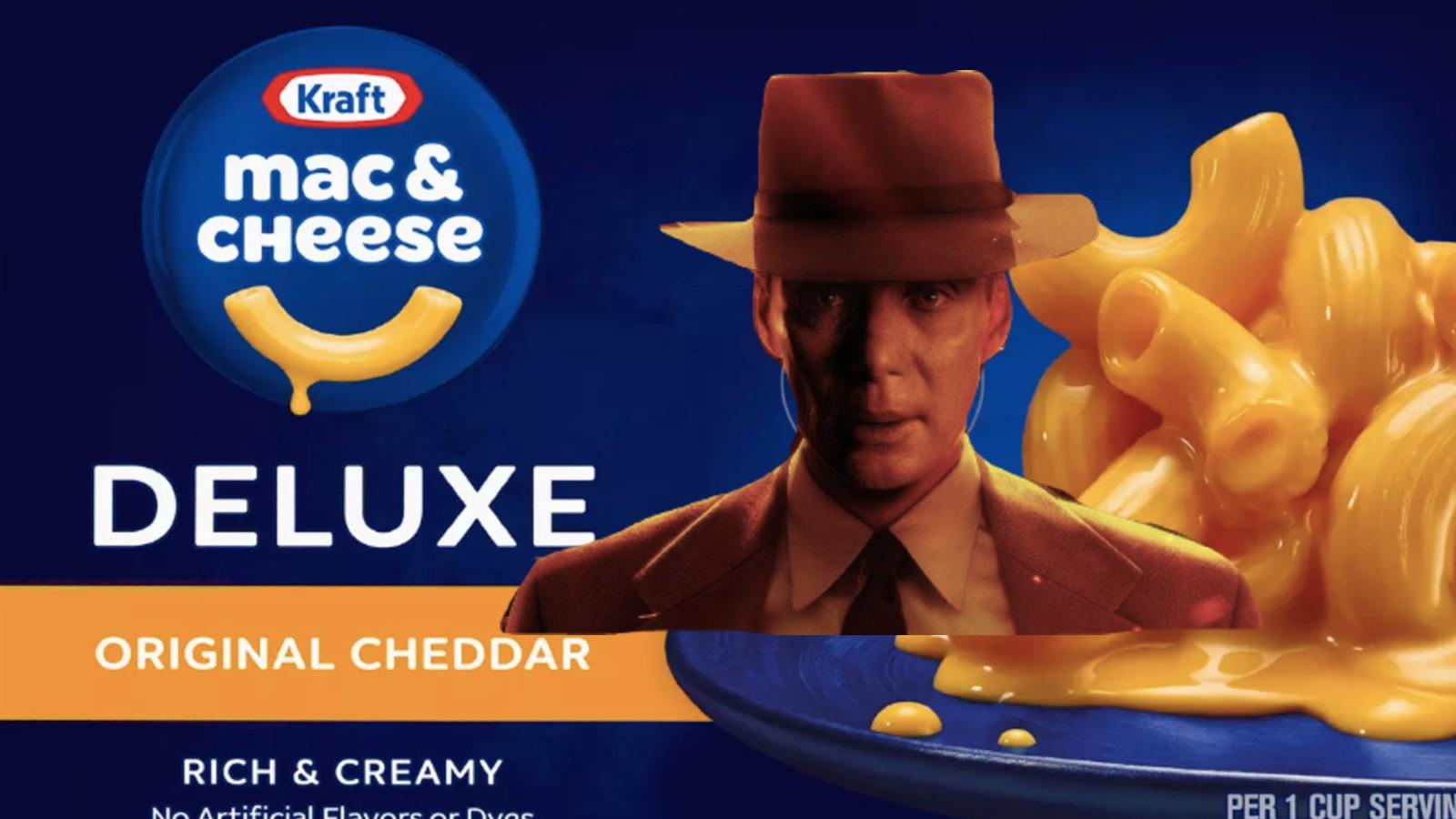 An Oppenheimer poster on a box of mac and cheese
