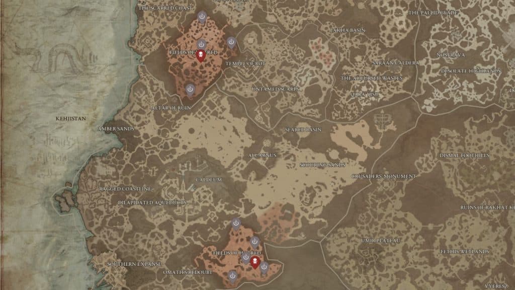 an image of the locations of Altars of Extraction in Diablo 4
