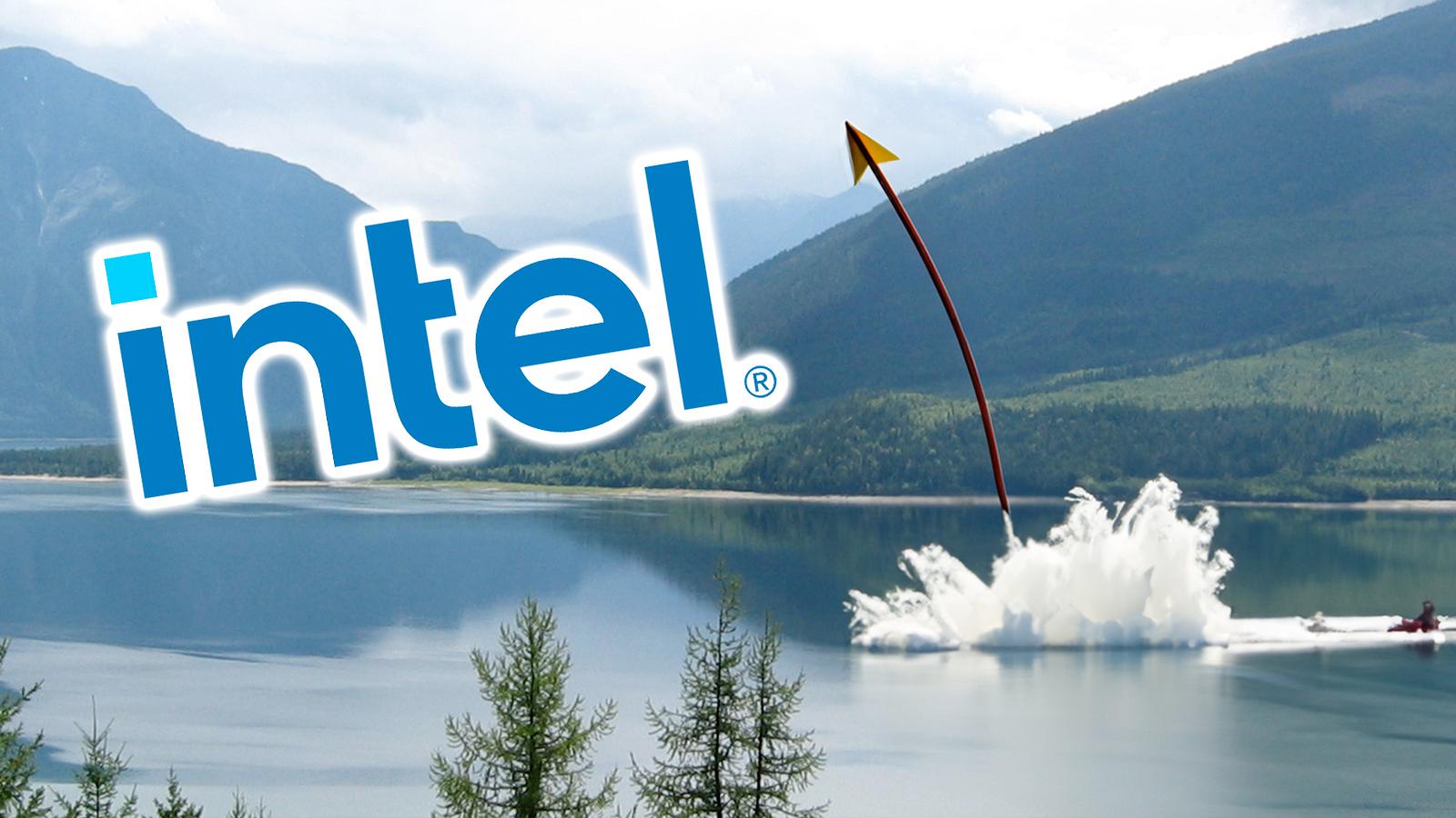 Intel logo above Arrow Lakes, with an arrow bursting out of an ai generated splash in the water