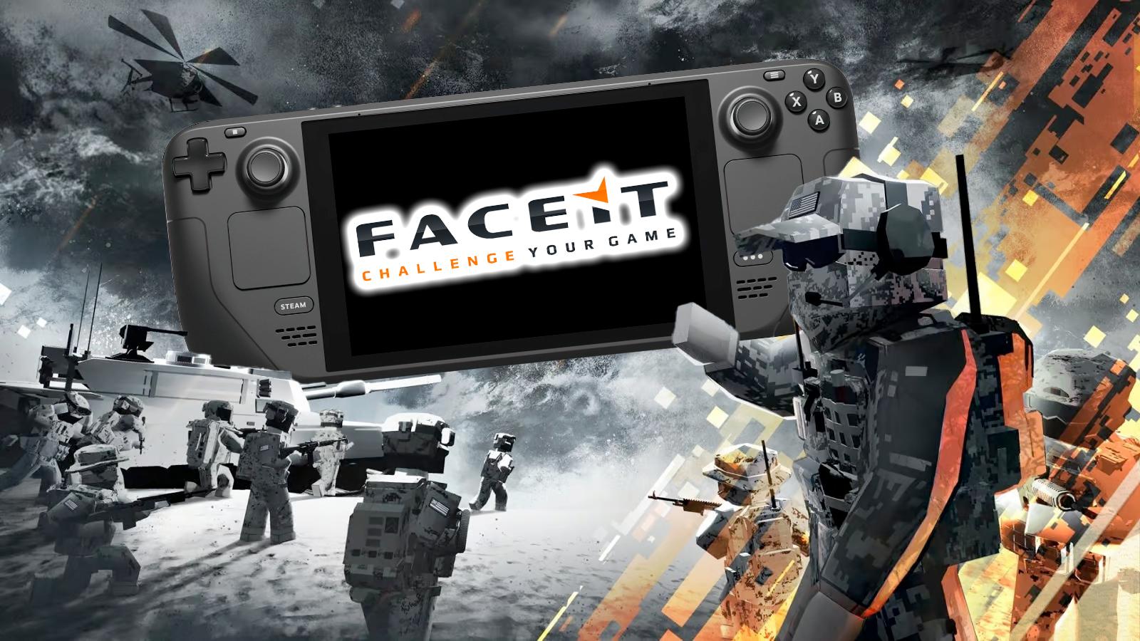 Battlebit Remastered art with a Steam Deck showing the FACEIT logo