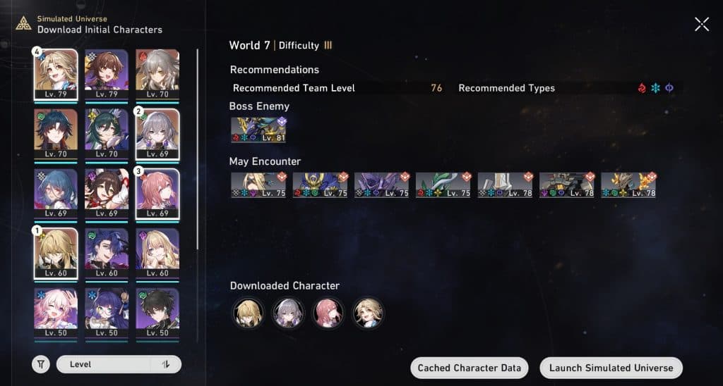 A screenshot of Simulated Universe World 7 bosses