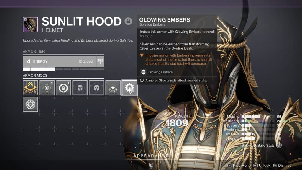 The Sunlit Armor reroll mod slot to use Silver Ash on in Destiny 2.