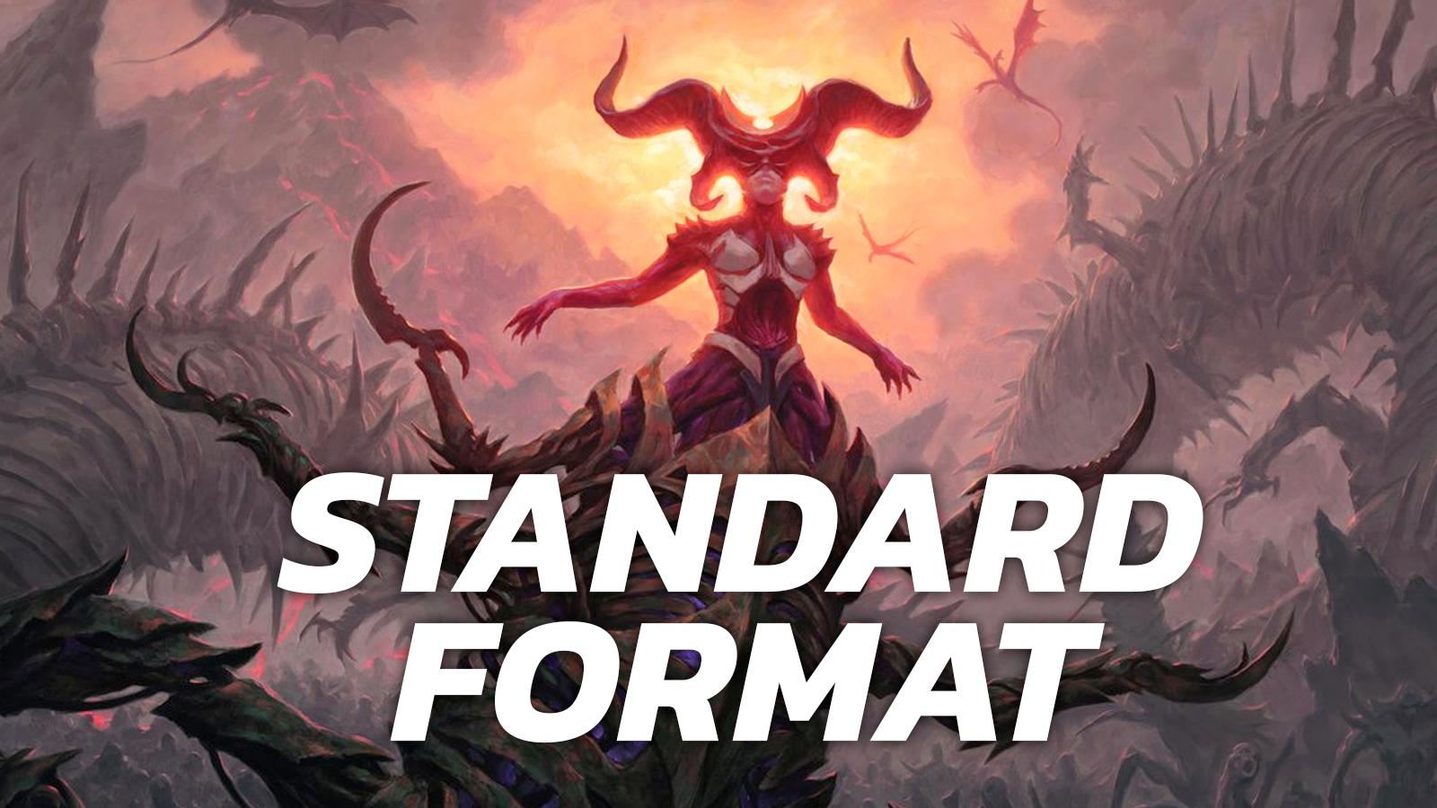Standard Format typed over Sheoldred The Apocalypse card art which dominates Standard in 2023