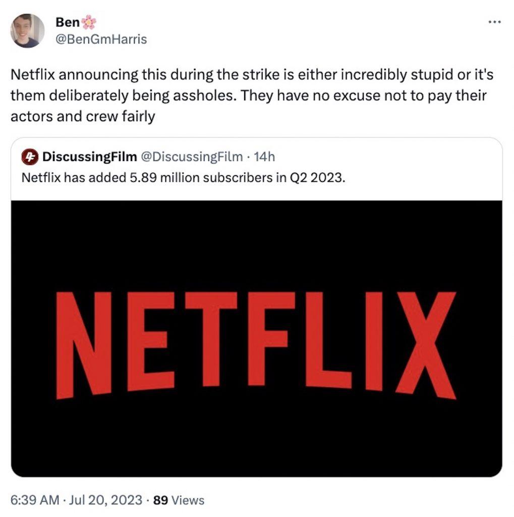 Tweet about Netflix 2023 second quarter results