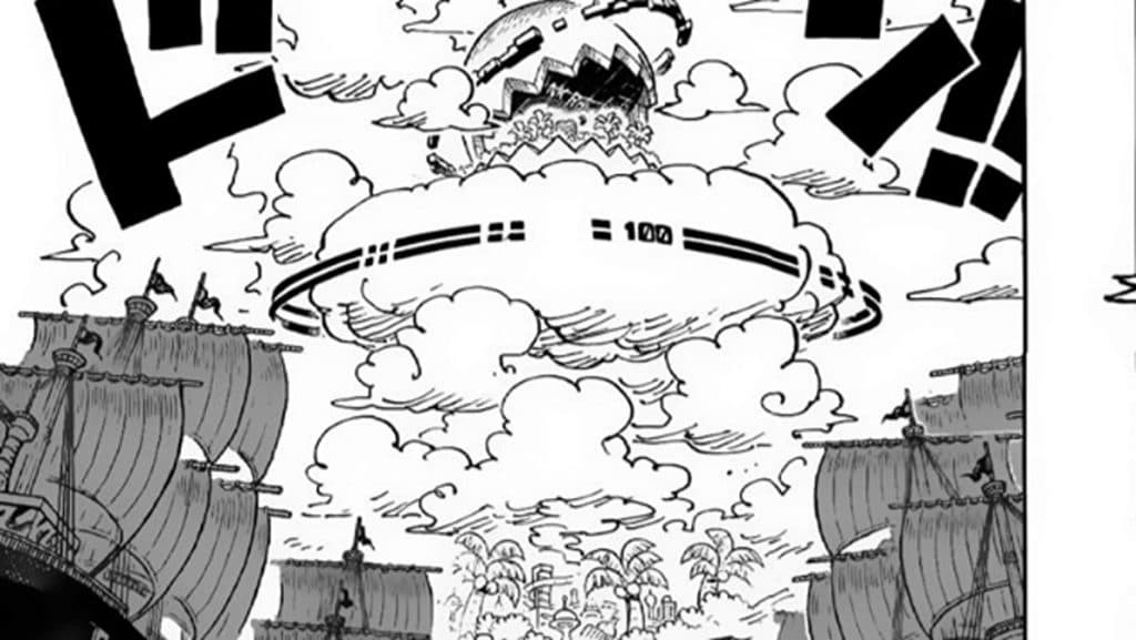 A panel from One Piece featuring the Marines entering Egghead Island