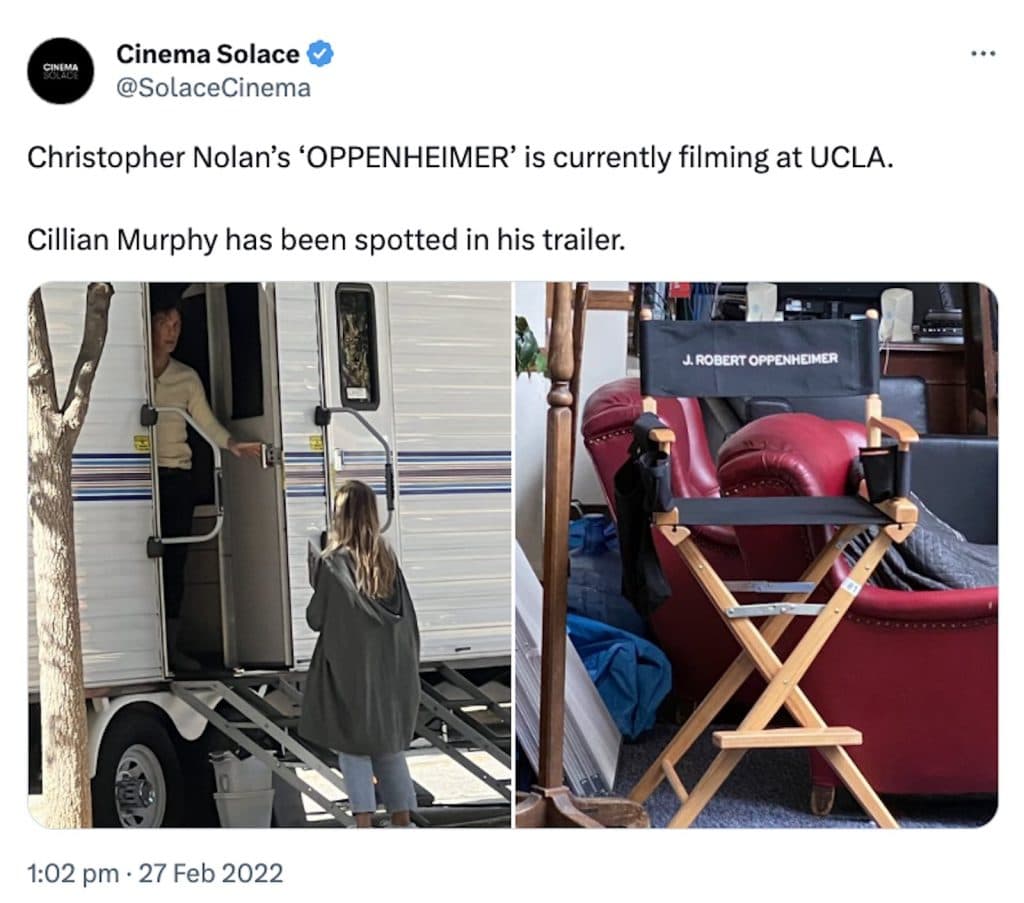 Tweet about Oppenheimer filming locations