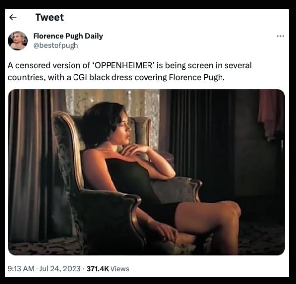 A tweet showing Florence Pugh's nudity being censored in Oppenheimer