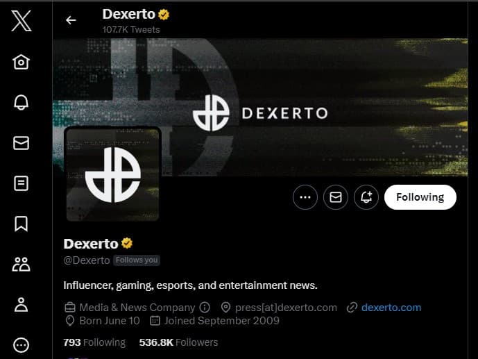 Twitter front-end with new X logo showcasing the Dexerto social media profile