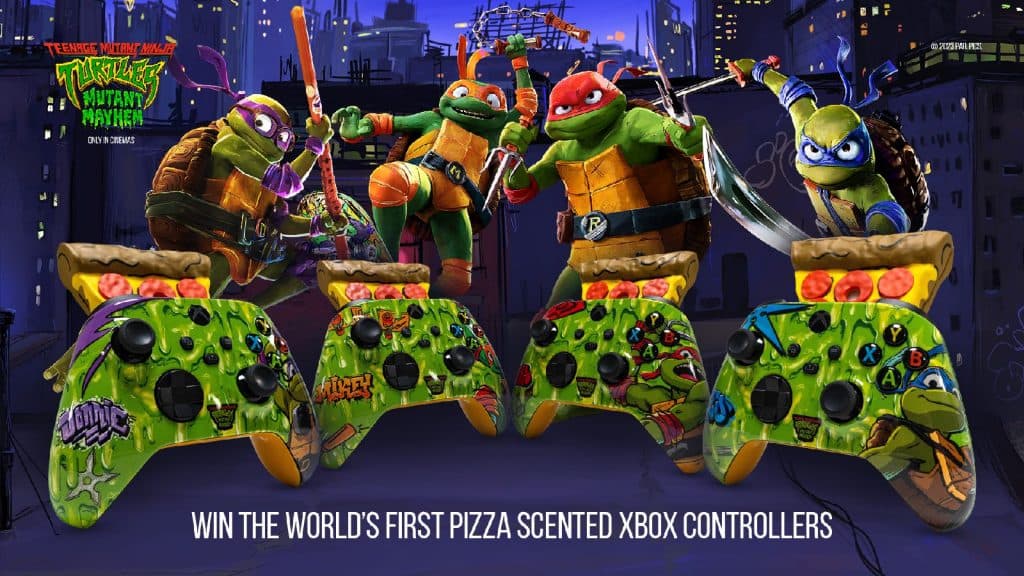 Four of the pizza scented Xbox controllers with the turtles