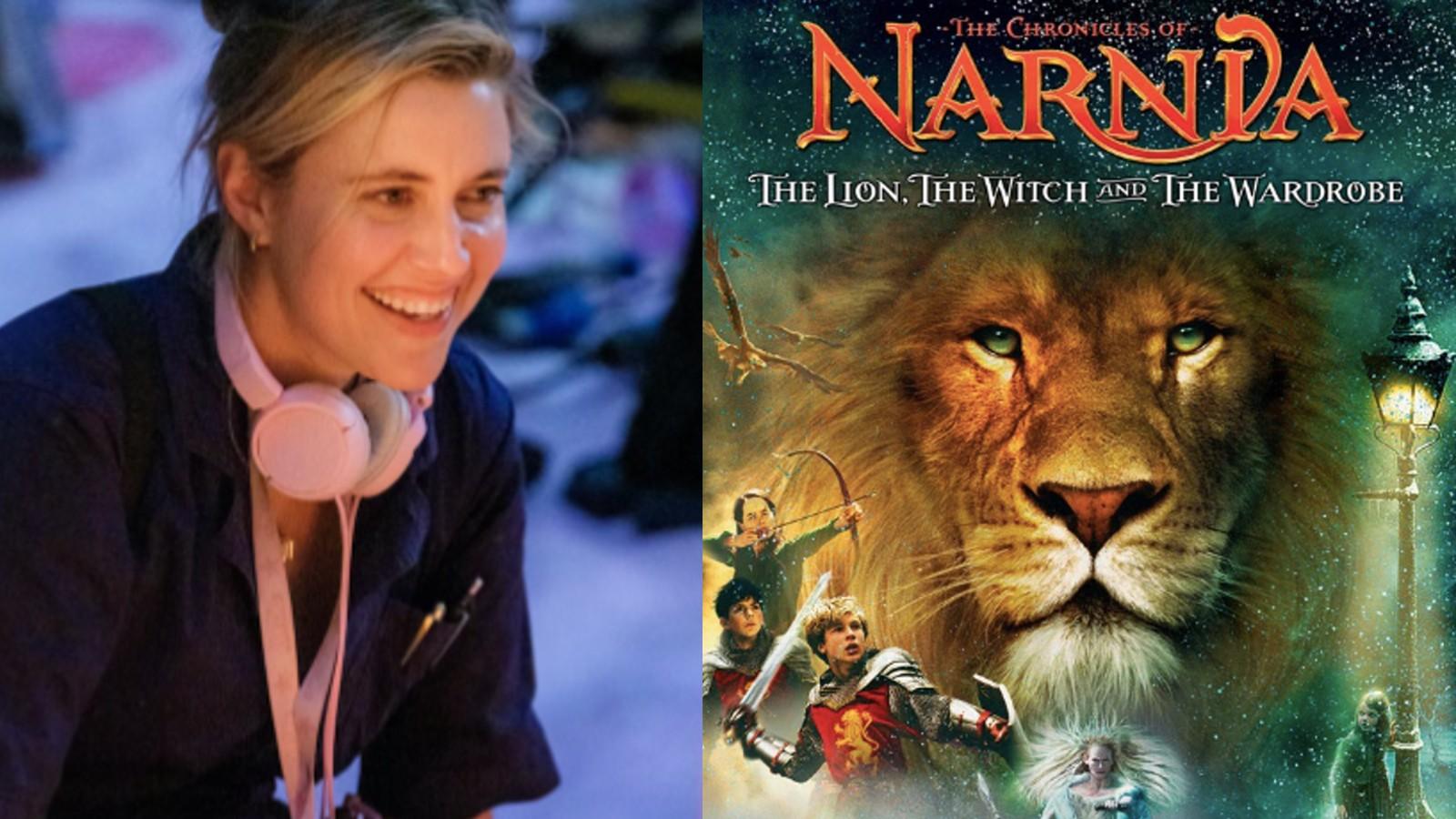 Greta Gerwig on the set of Barbie and a poster for The Chronicles of Narnia