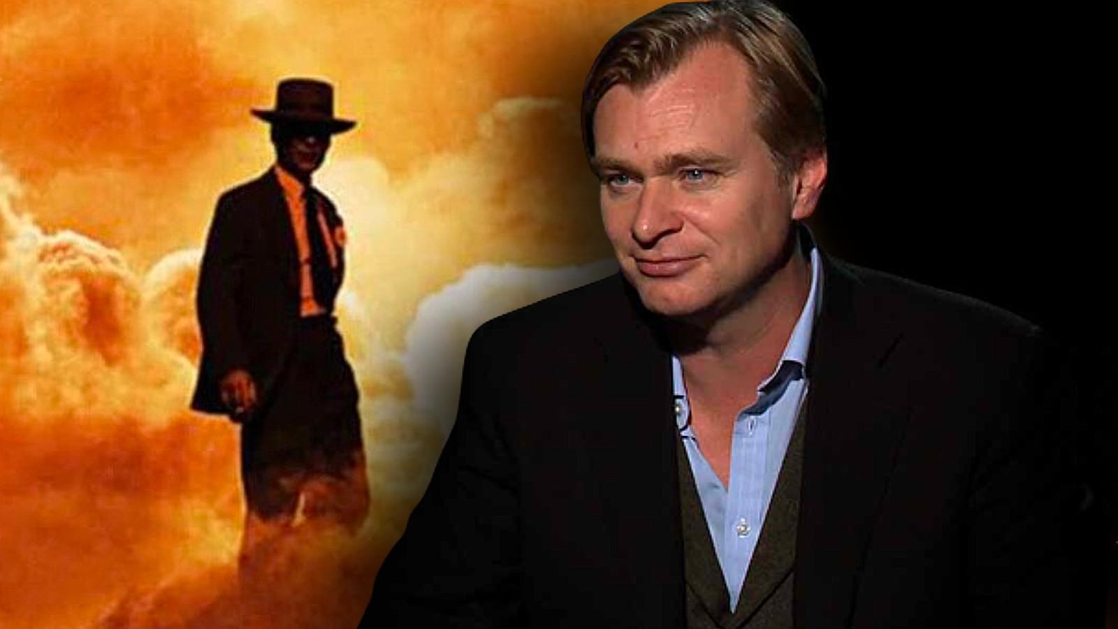 Christopher Nolan and the poster for Oppenheimer