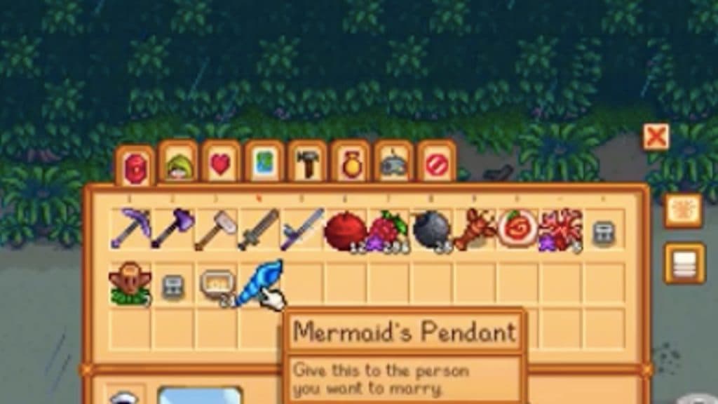 An image of the Mermaid's Pendant in a players inventory in Stardew Valley.