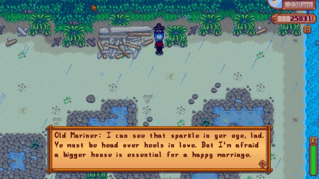 An image of the Old Mariner in Stardew Valley, the NPC who sells the Mermaid's Pendant in the game.
