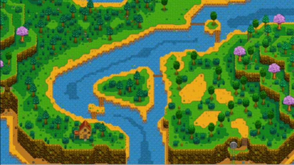 An image of the Cindersap forest lake where you can find Rainbow Trout in Stardew Valley.