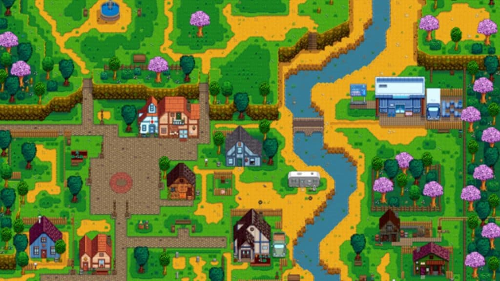 An image of Pelican Town where Rainbow Trout can be found in Stardew Valley.