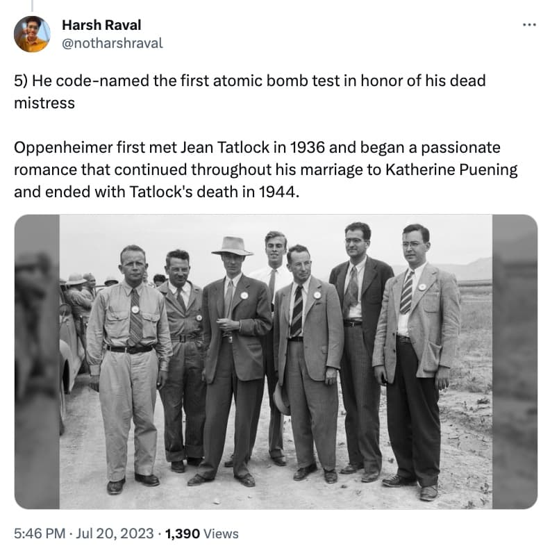 Tweet about Oppenheimer's affair with Jean Tatlock