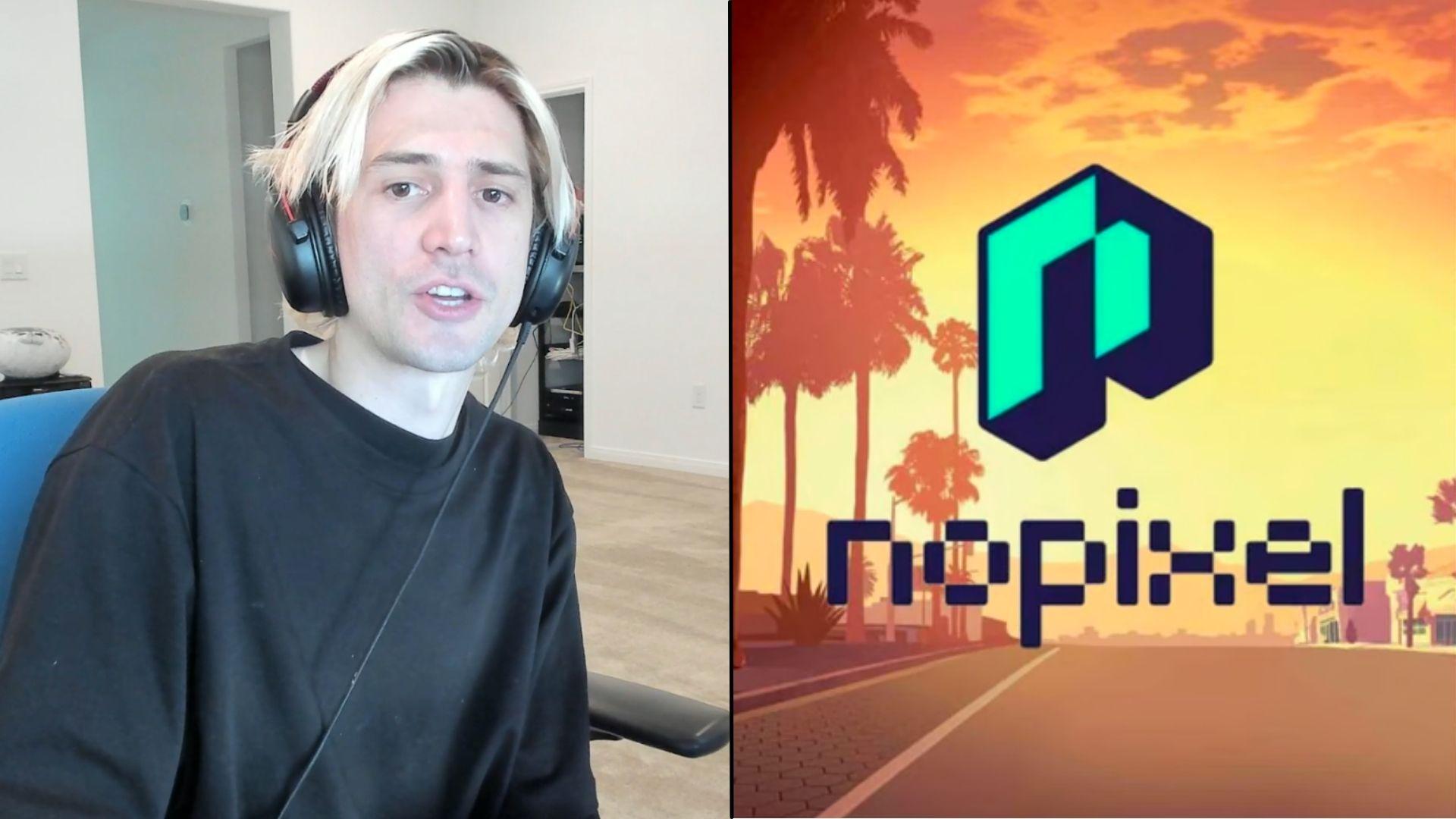 xQc looking at camera in black shirt side-by-side with nopixel logo