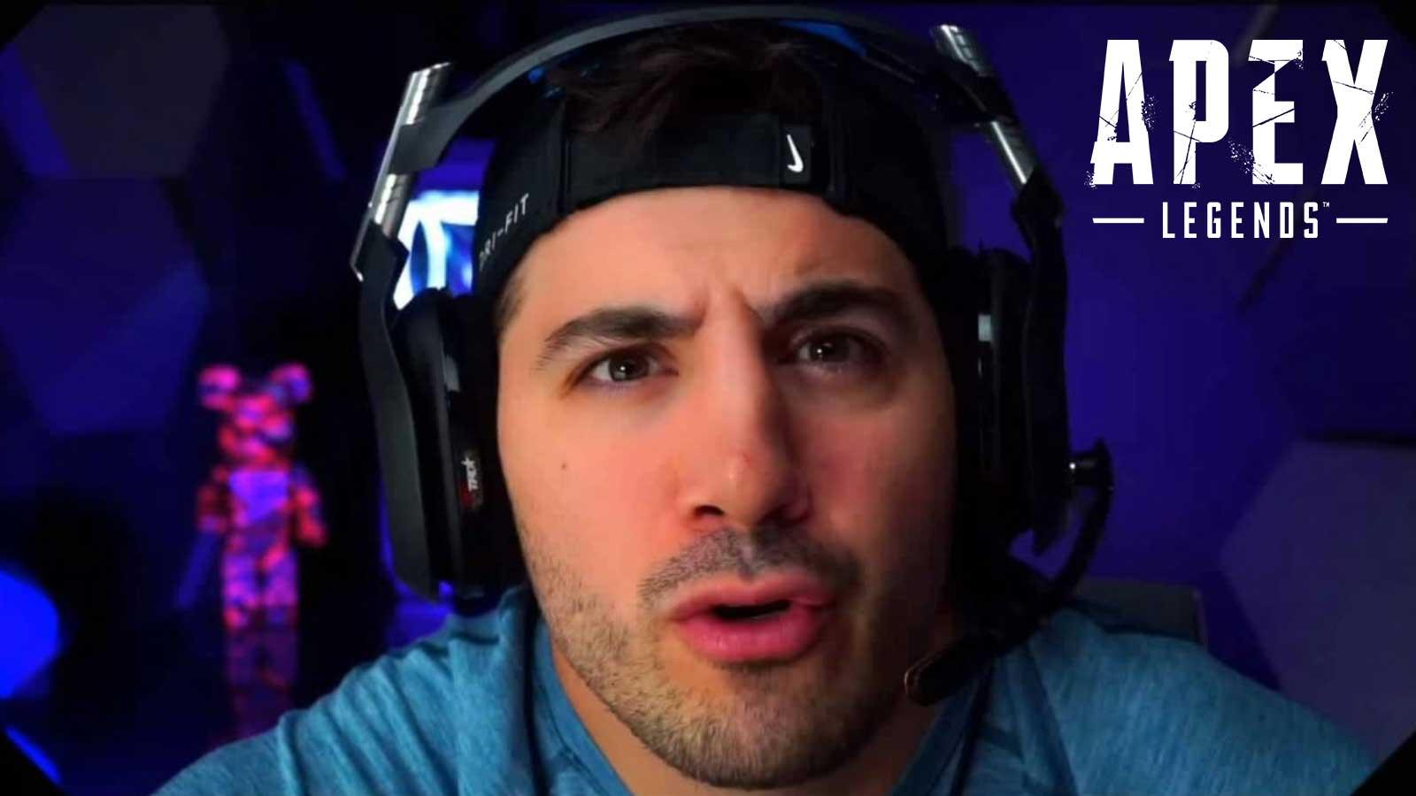 Nickmercs staring at the camera whilst live on twitch looking annoyed.