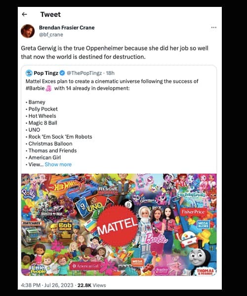 A tweet making fun of Mattel wanting to make a toy cinematic universe